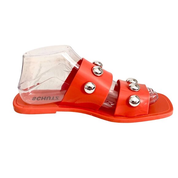 Schutz Nordstrom Lizzie Slides Sandal 9 Silver Studded Open Toe Bright Orange - Picture 5 of 10